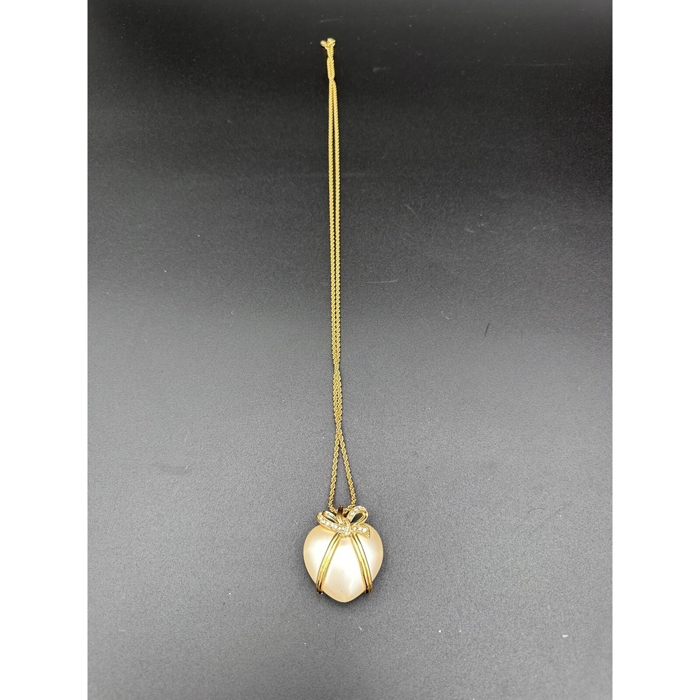Joan Rivers Gold Tone Faux Pearl Heart Bow Pendant Rope Chain Necklace 30 inch